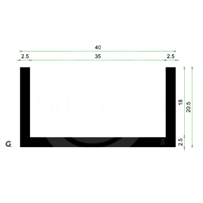 Rubber U Profiel| binnenmaat 35 mm | hoogte 20,5 mm | dikte 2,5 mm | rol 25 meter